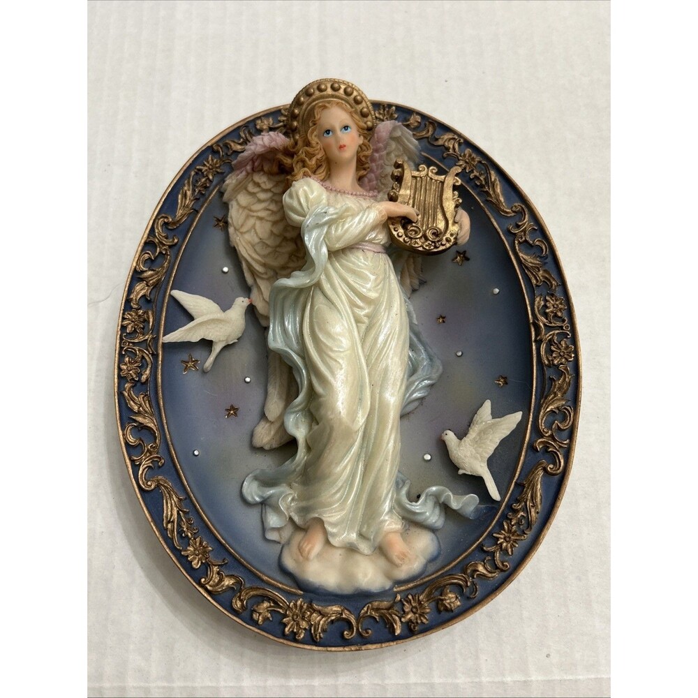 Vintage Ceramic 3D Angel Holding A Lute Oval Plate Wall Hanging